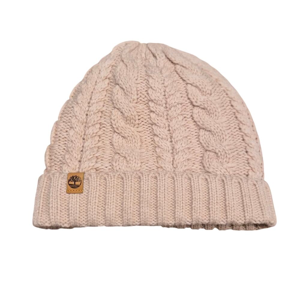 Timberland Light Pink Beige Women's Cable Knit Cuffed Winter Beanie Fleece Lined